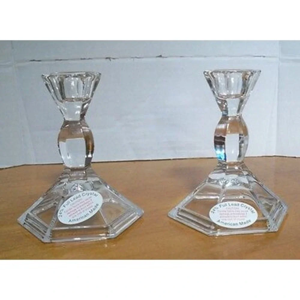Pair 24% Lead Crystal Glass‎ Candle Sticks Never Used 4
